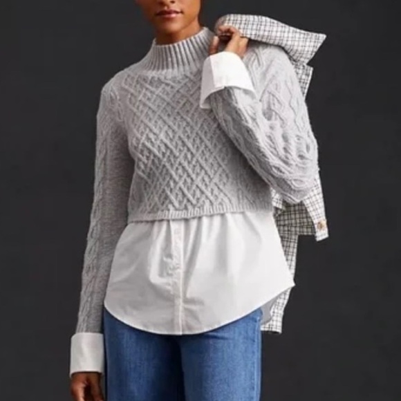 Anthropologie Maeve Sweater Womens Grey White Cable-Knit Layered Sweater - Picture 3 of 6